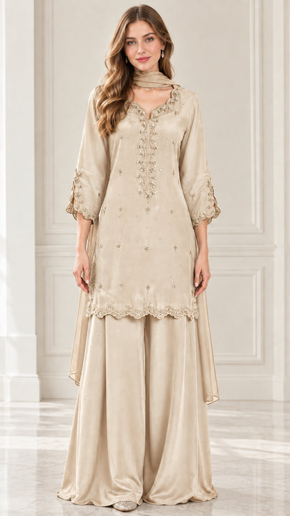 Full-length front view of champagne beige embroidered kurti and wide-leg trousers suit set