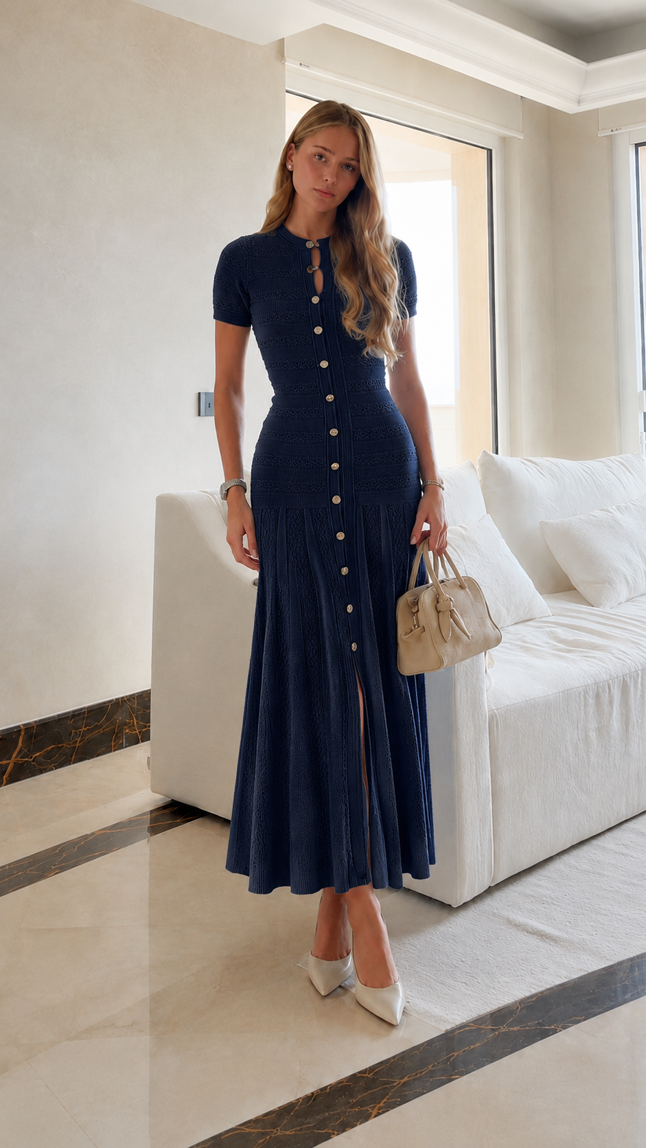 Button Front Knit Maxi Dress with Flared Hem